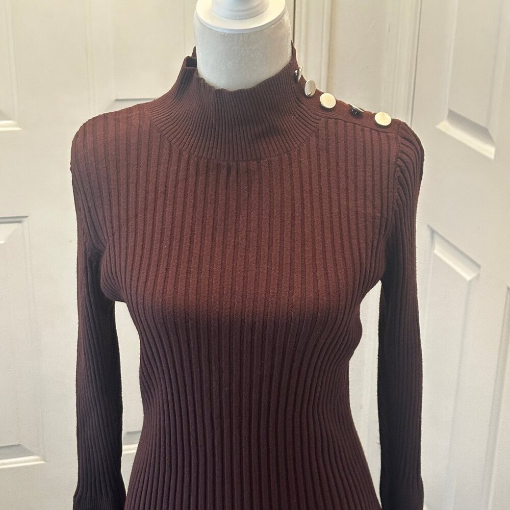 INC Brown Ribbed Mock Turtleneck Sweater Gold Button Detail Petite Large